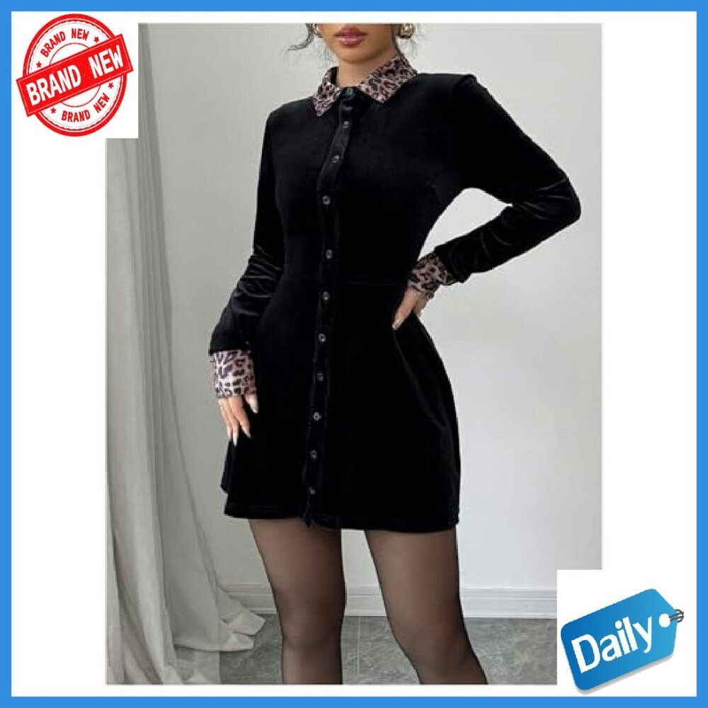 Velvet Leopard Print Long Sleeve Button Down Ruffle Mini Dress - Picture 4 of 6